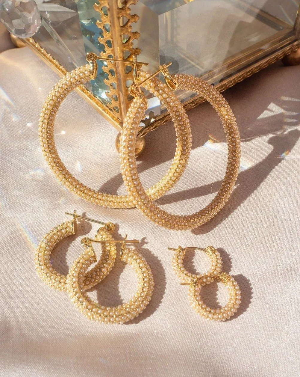 Pave Amalfi Hoops - Gold & Pearl