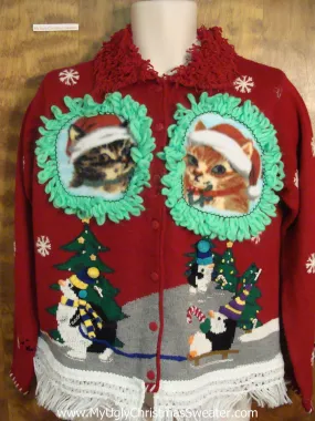 Penguins Sledding with Kittens Ugly Christmas Sweater
