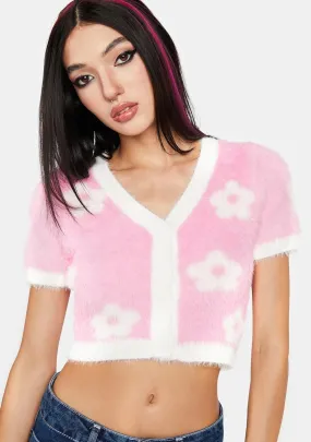 Pink Fuzzy Floral Sweater Top