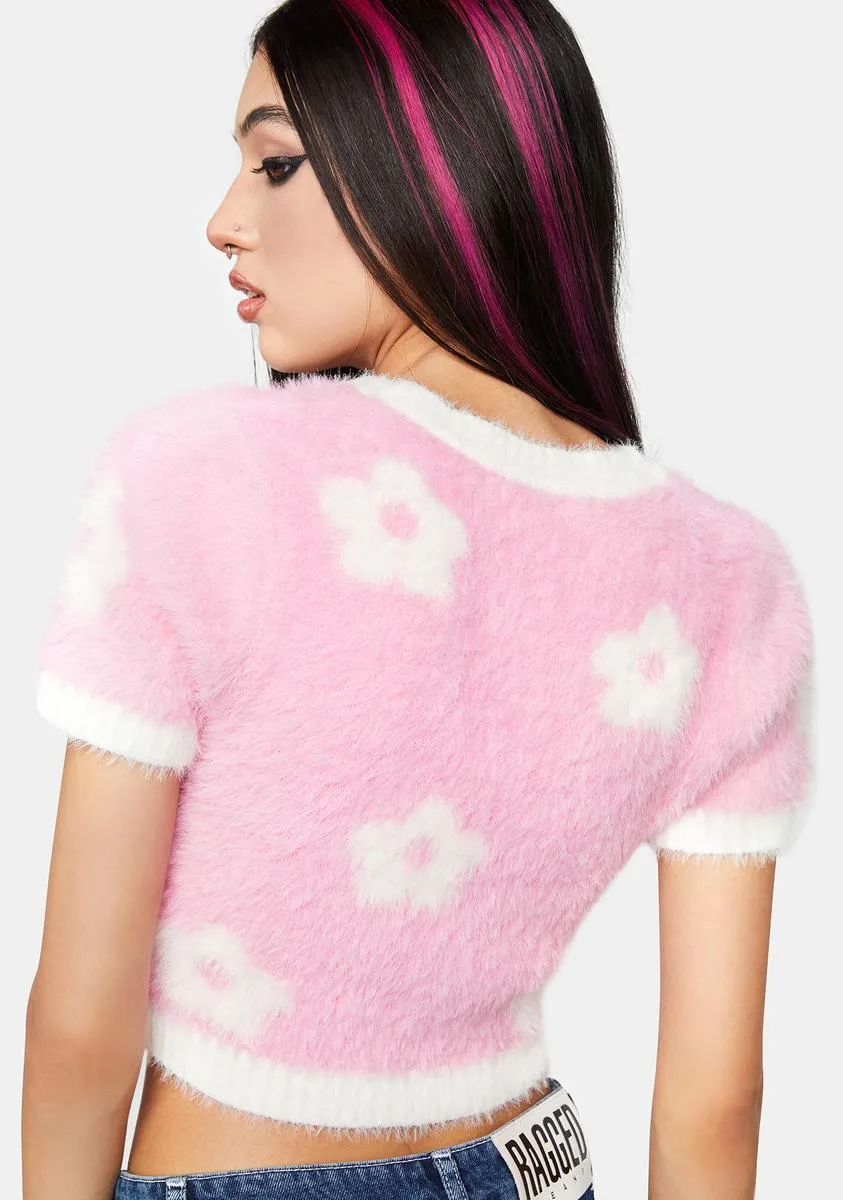 Pink Fuzzy Floral Sweater Top
