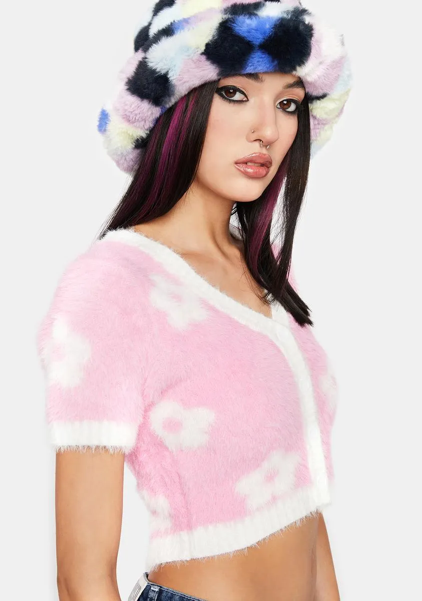 Pink Fuzzy Floral Sweater Top