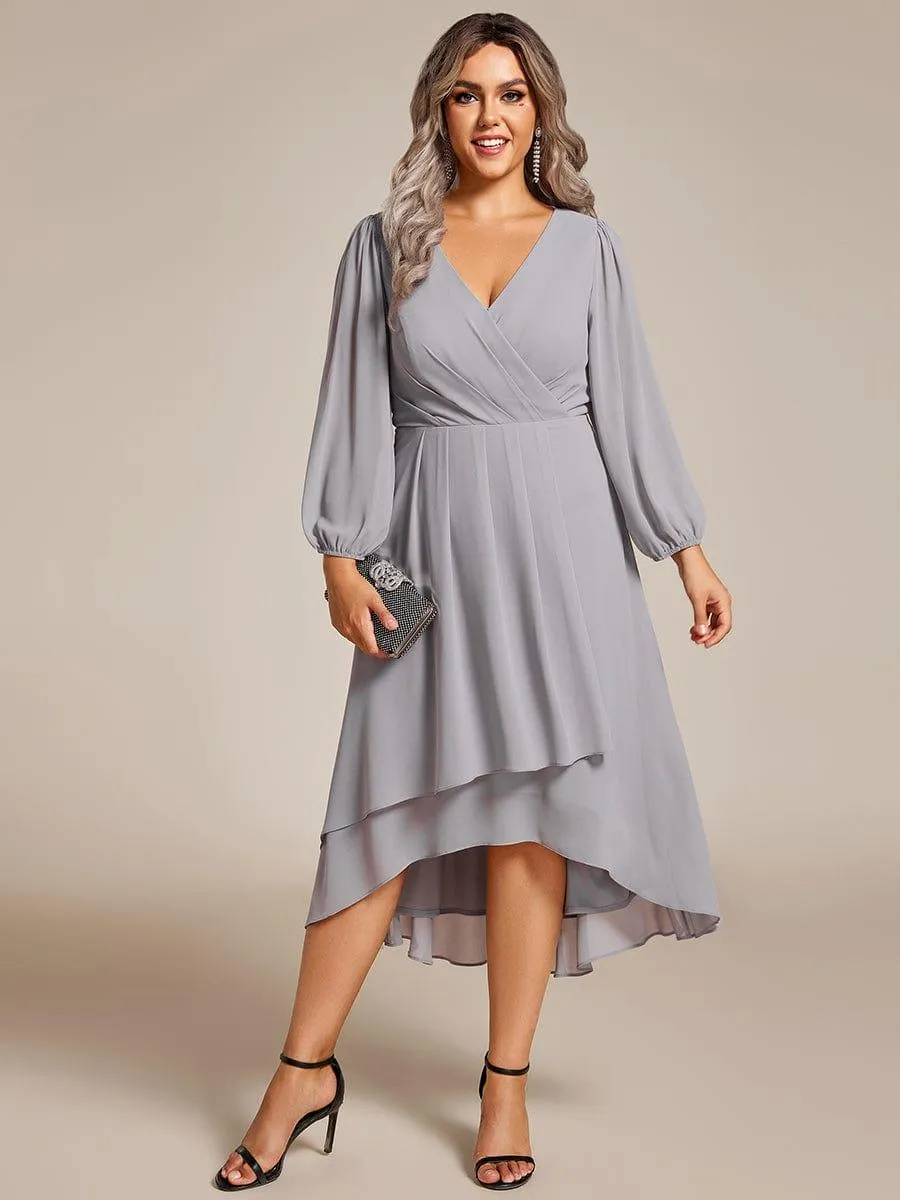 Plus Size Chiffon A-Line Long Sleeves Asymmetrical Hem Wedding Guest Dress