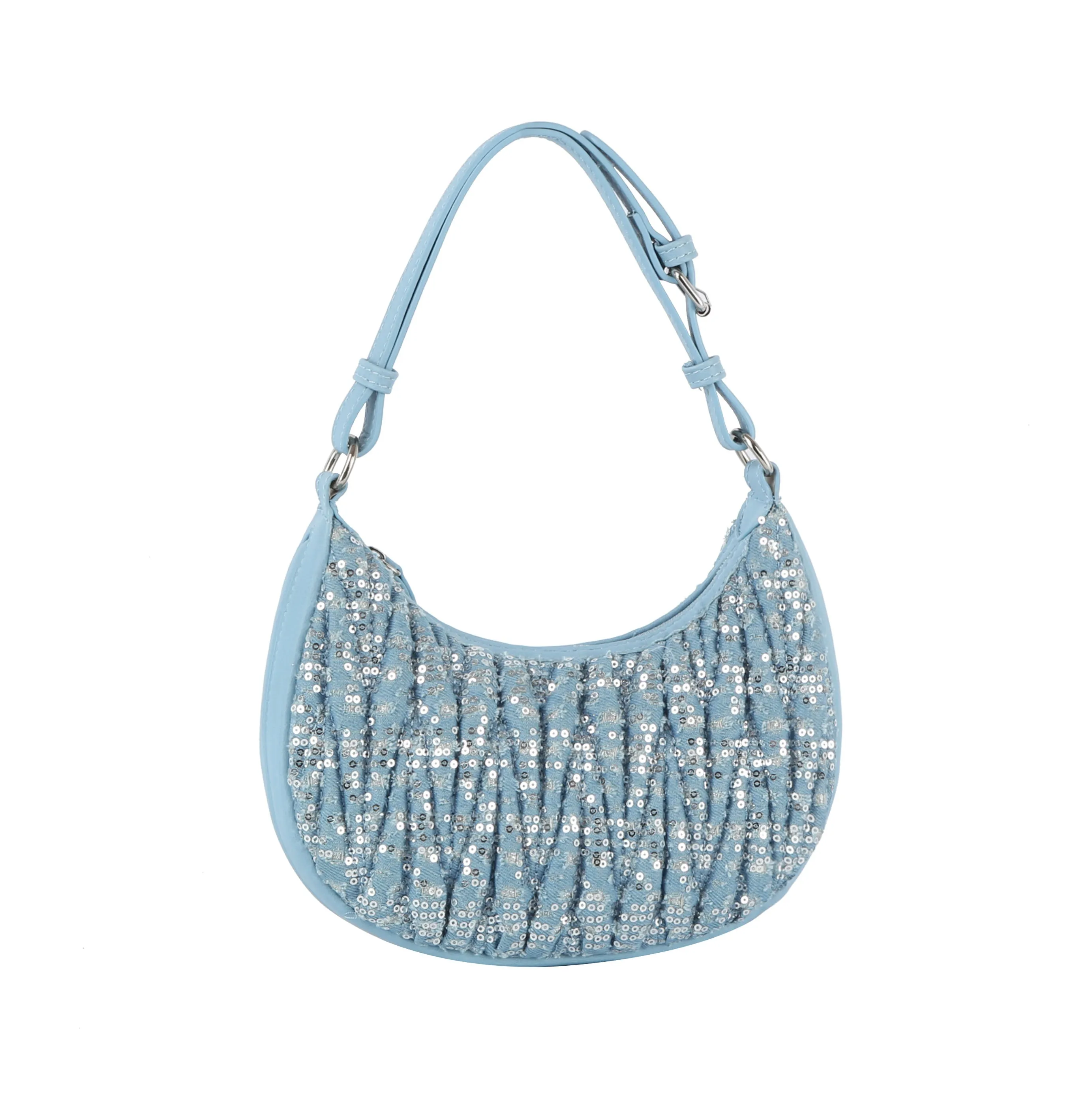 Quilted sequins denim shoulder bag