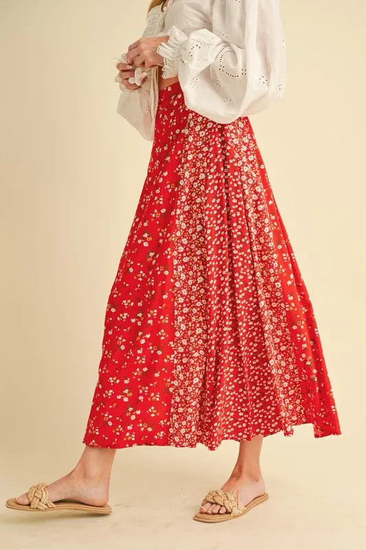 Red Floral Patchwork Elastic Waist Maxi Skirt – Boho Chic Flowy Skirt
