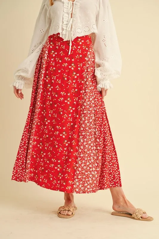 Red Floral Patchwork Elastic Waist Maxi Skirt – Boho Chic Flowy Skirt