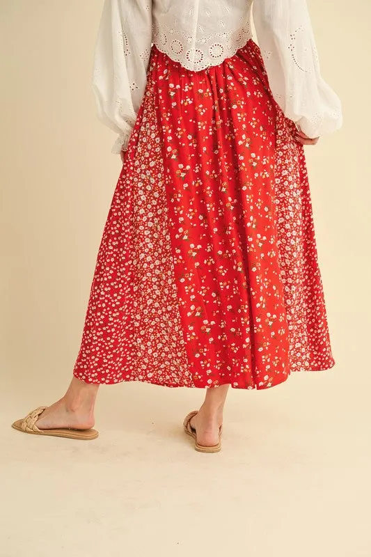 Red Floral Patchwork Elastic Waist Maxi Skirt – Boho Chic Flowy Skirt
