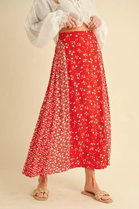 Red Floral Patchwork Elastic Waist Maxi Skirt – Boho Chic Flowy Skirt