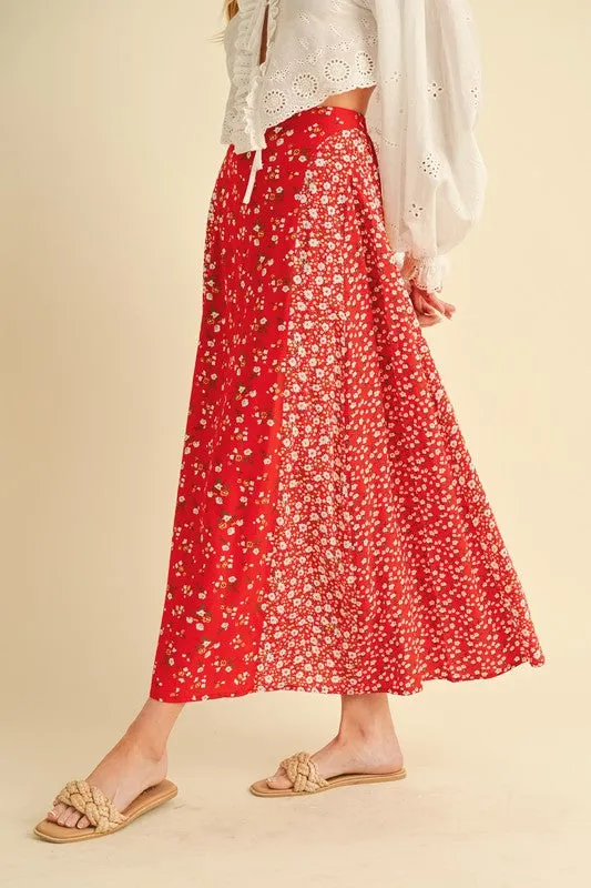 Red Floral Patchwork Elastic Waist Maxi Skirt – Boho Chic Flowy Skirt