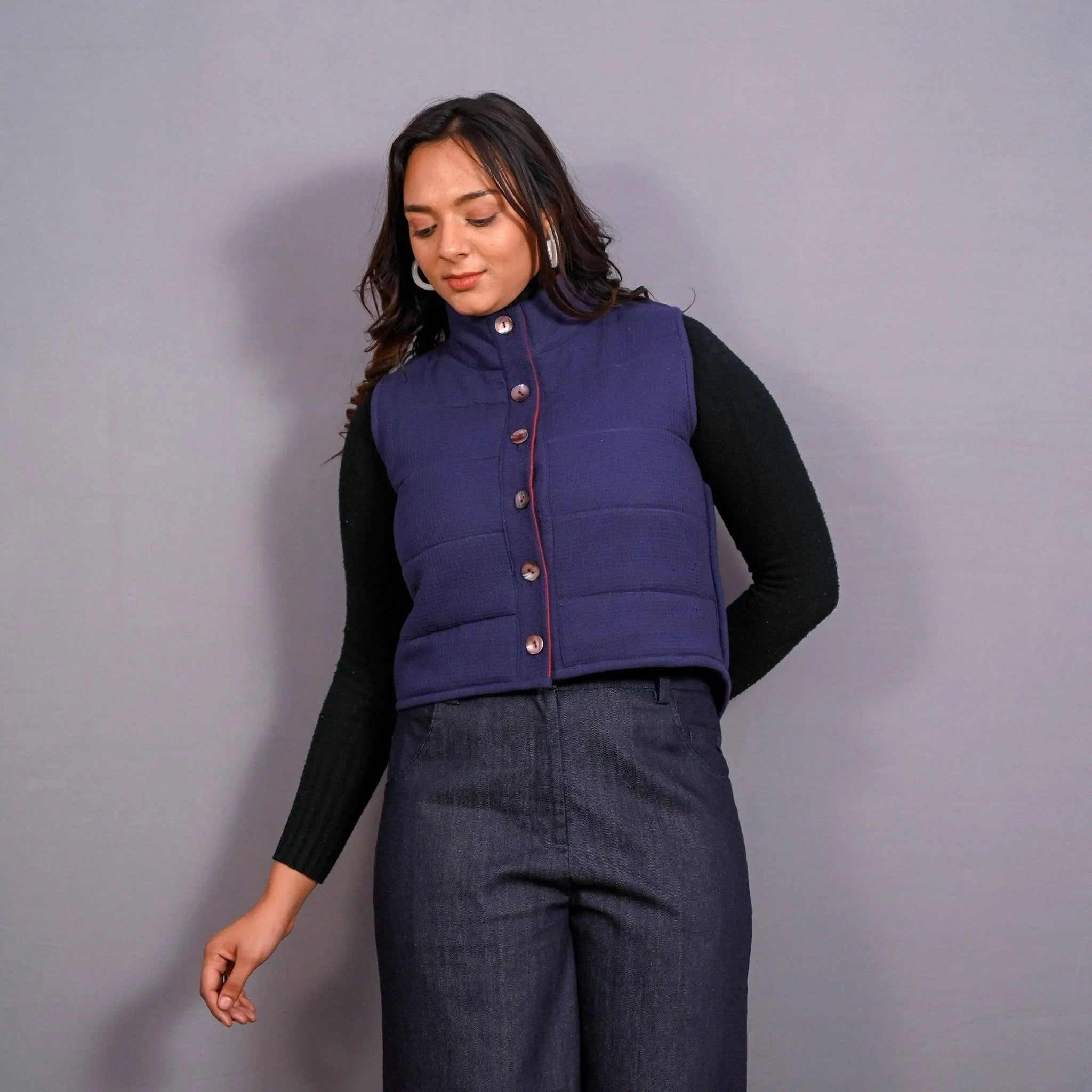 Reversible Blue and Red Warm Cotton Waffle Sleeveless Quilted Puffer Jacket