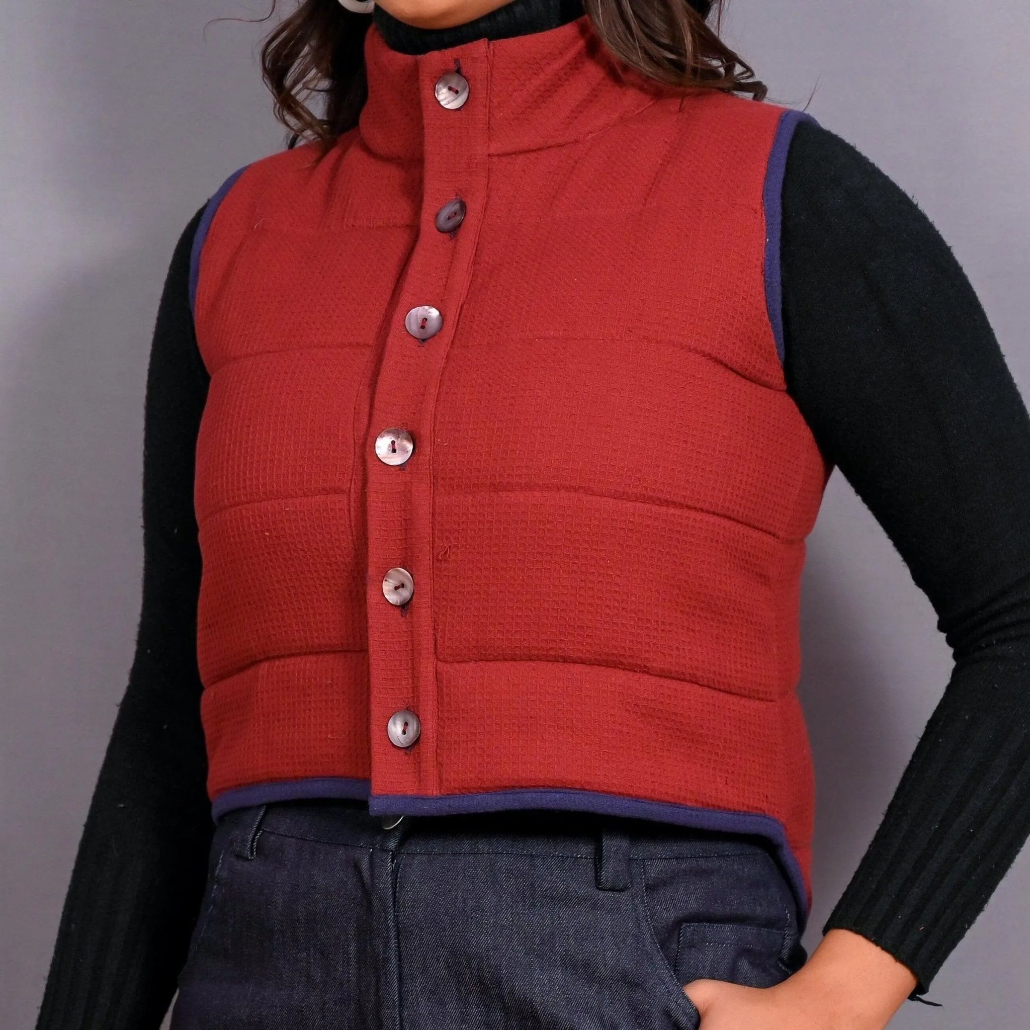 Reversible Blue and Red Warm Cotton Waffle Sleeveless Quilted Puffer Jacket