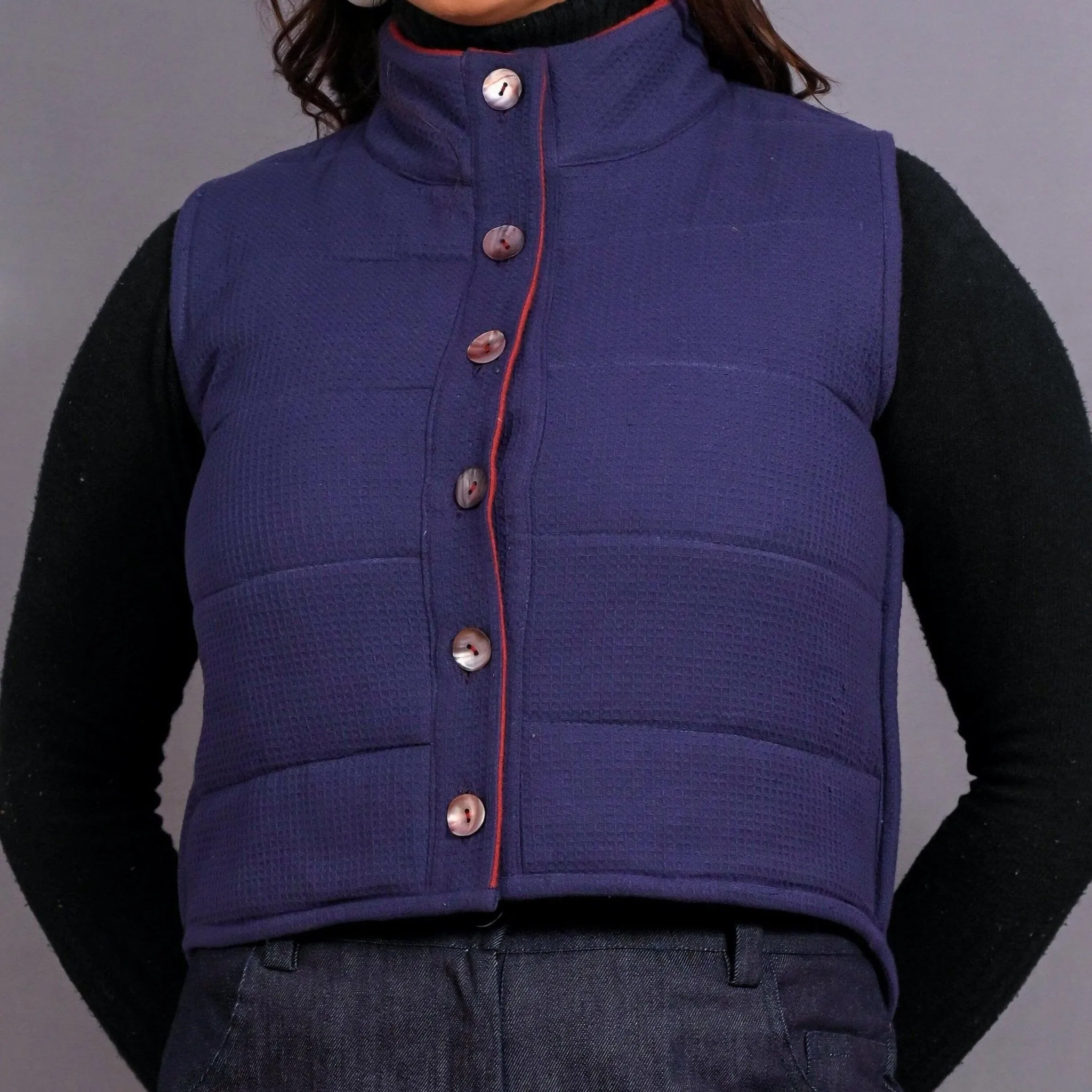 Reversible Blue and Red Warm Cotton Waffle Sleeveless Quilted Puffer Jacket