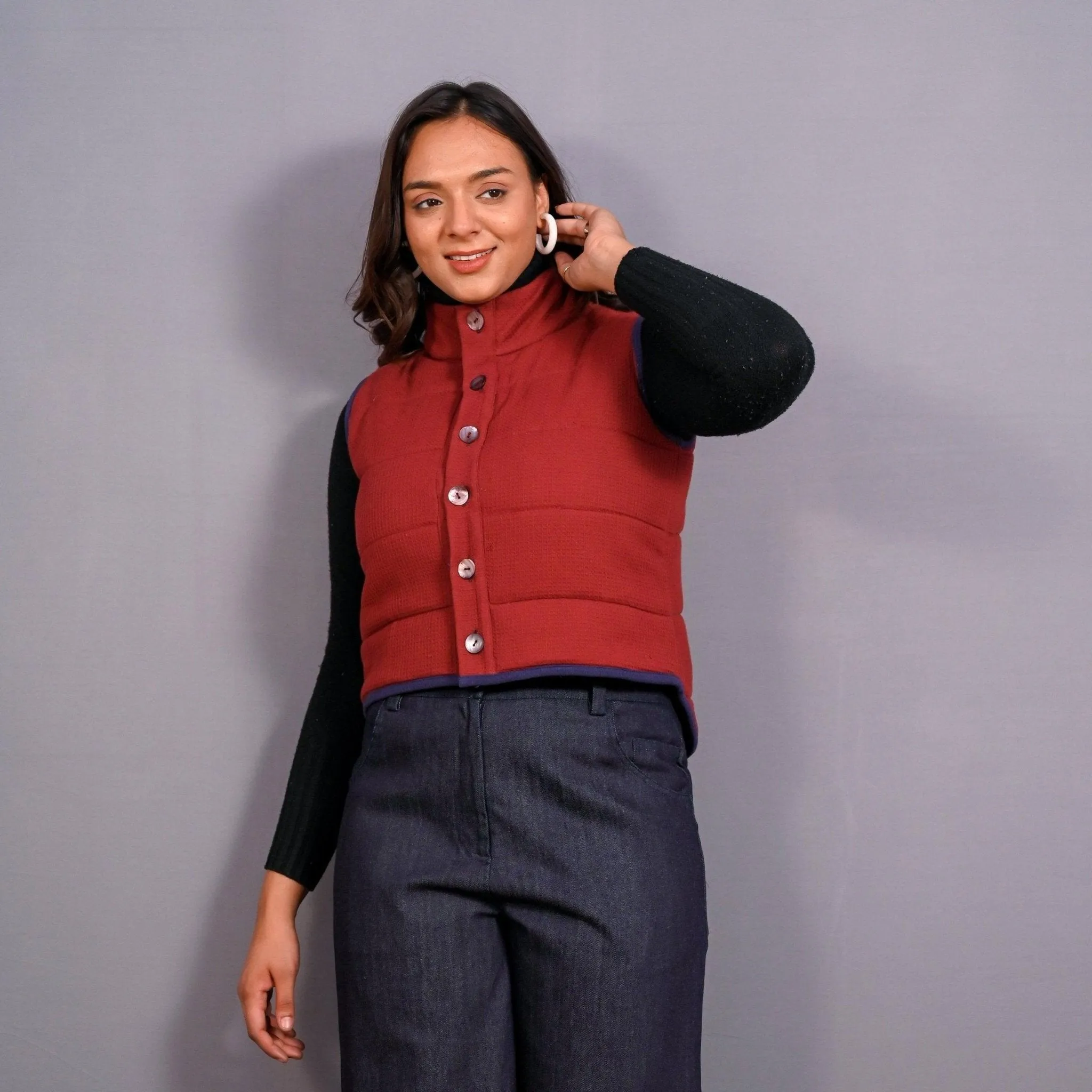Reversible Blue and Red Warm Cotton Waffle Sleeveless Quilted Puffer Jacket