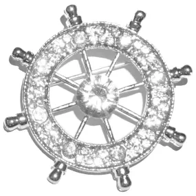 Silver Ship Wheel / Clear Crystal Lapel Pin