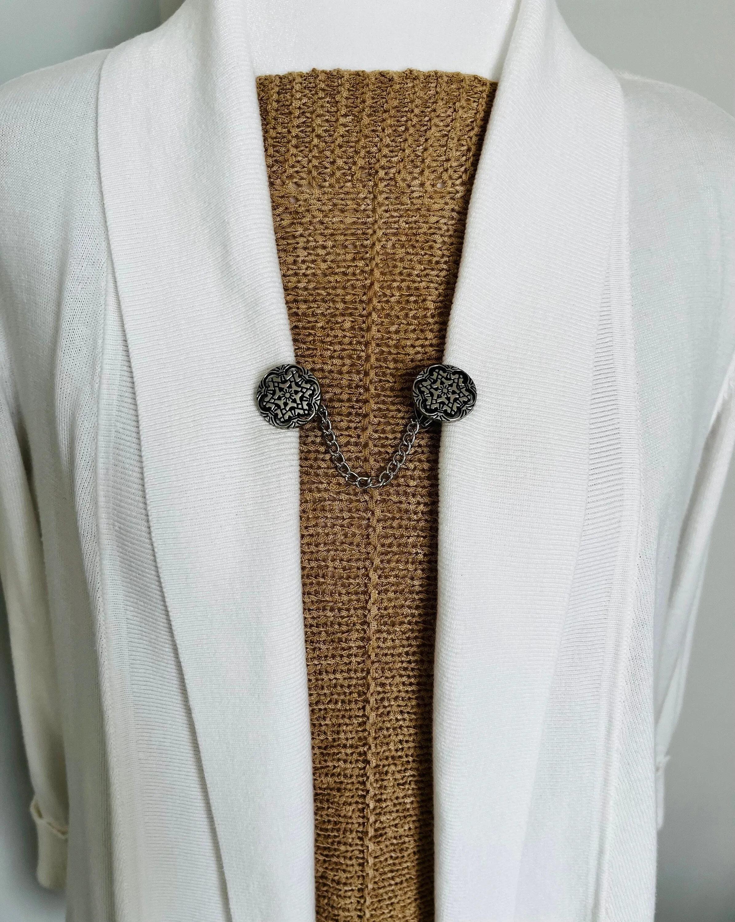Sweater Clips Celtic Chain Sweater Clip Silver Cardigan Clasp Kimono Clasps Floral Sweater Guard Gift for Mom Gifts for Her by Fabulici