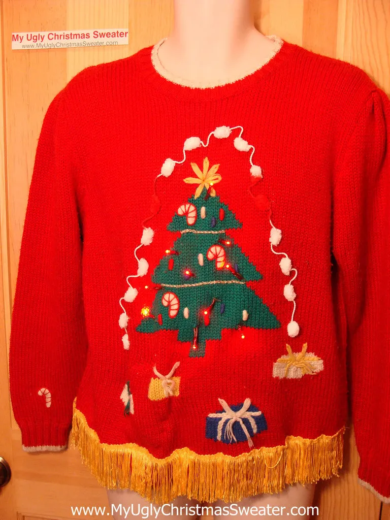 Tacky Ugly Christmas Sweater with Lights and Fringe. Huge tree. 80's retro style. (g1)