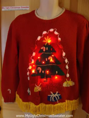 Tacky Ugly Christmas Sweater with Lights and Fringe. Huge tree. 80's retro style. (g1)