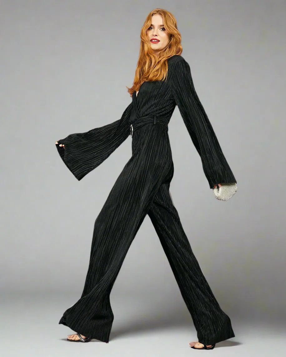 V Neck Wide Leg Jumpsuit with Flared Sleeve in Black Plisse | Alexis