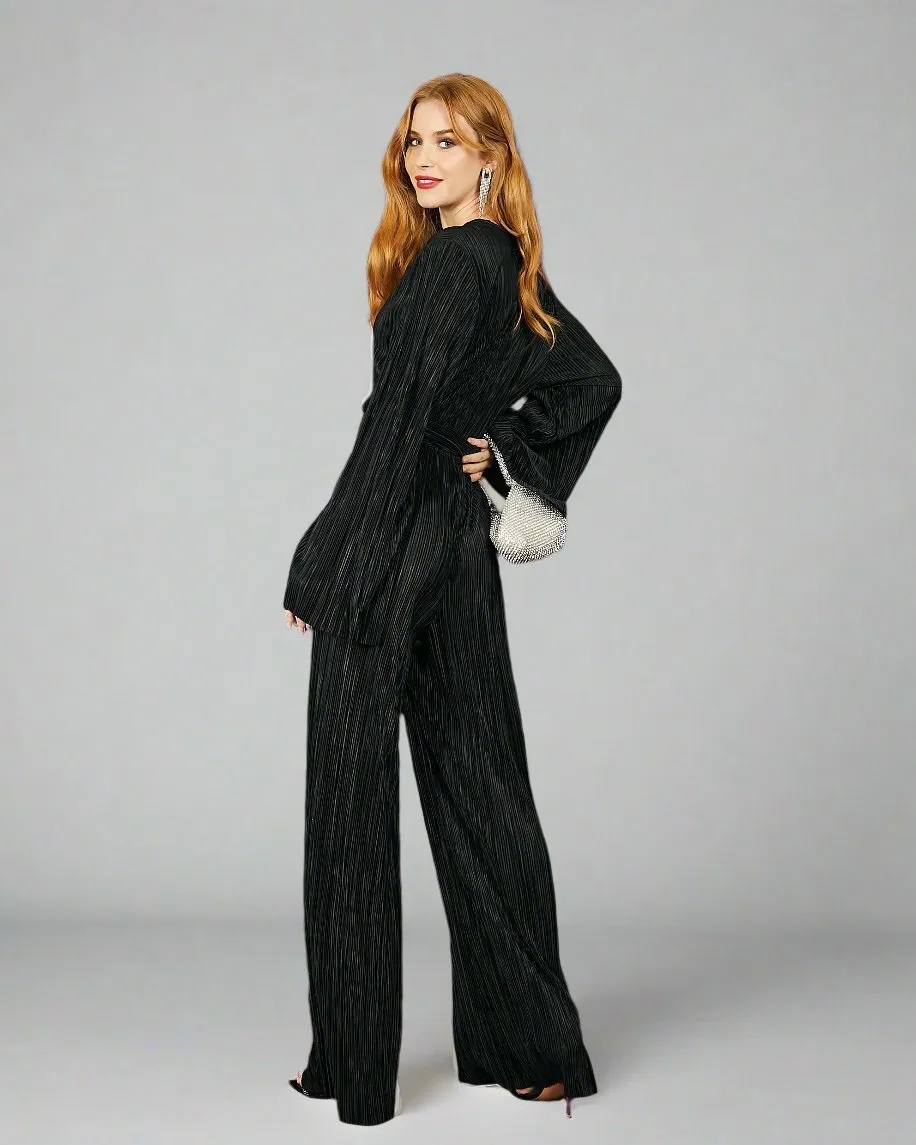 V Neck Wide Leg Jumpsuit with Flared Sleeve in Black Plisse | Alexis