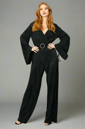 V Neck Wide Leg Jumpsuit with Flared Sleeve in Black Plisse | Alexis