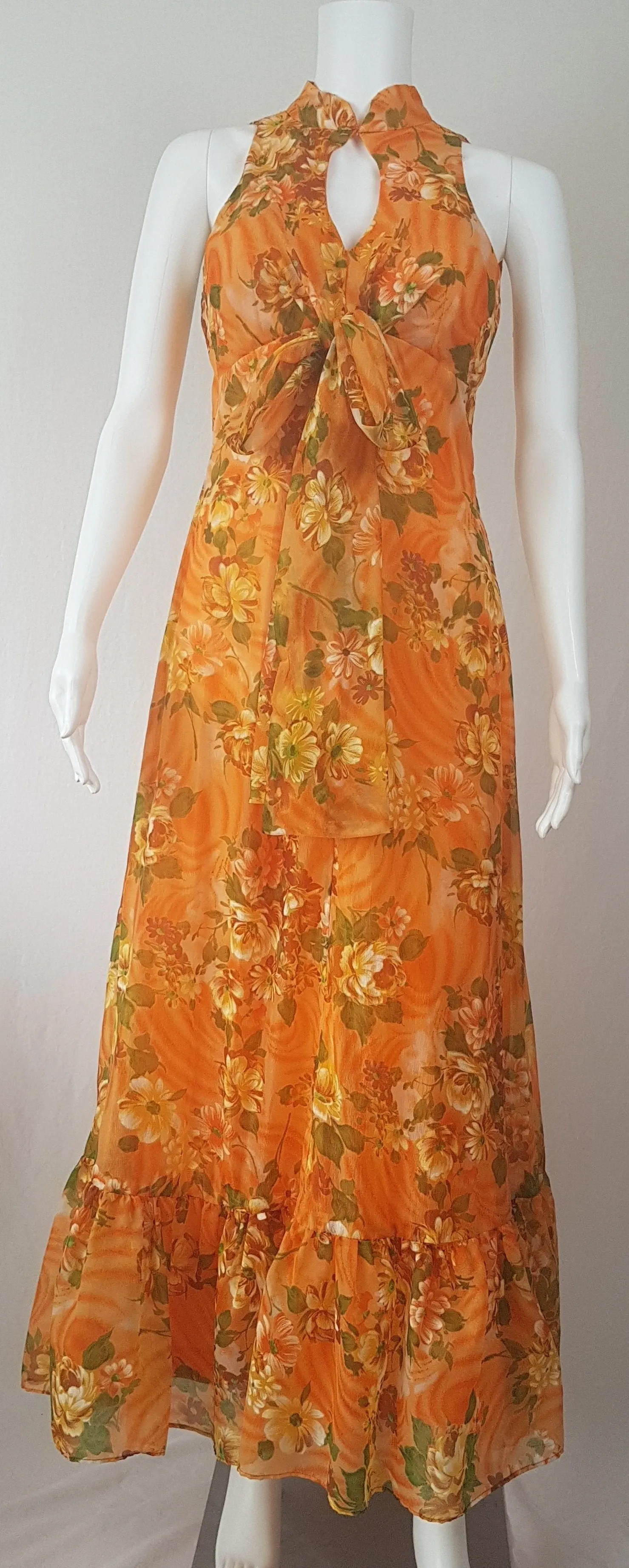 Vintage 1970's | Orange Floral Chiffon Maxi Dress