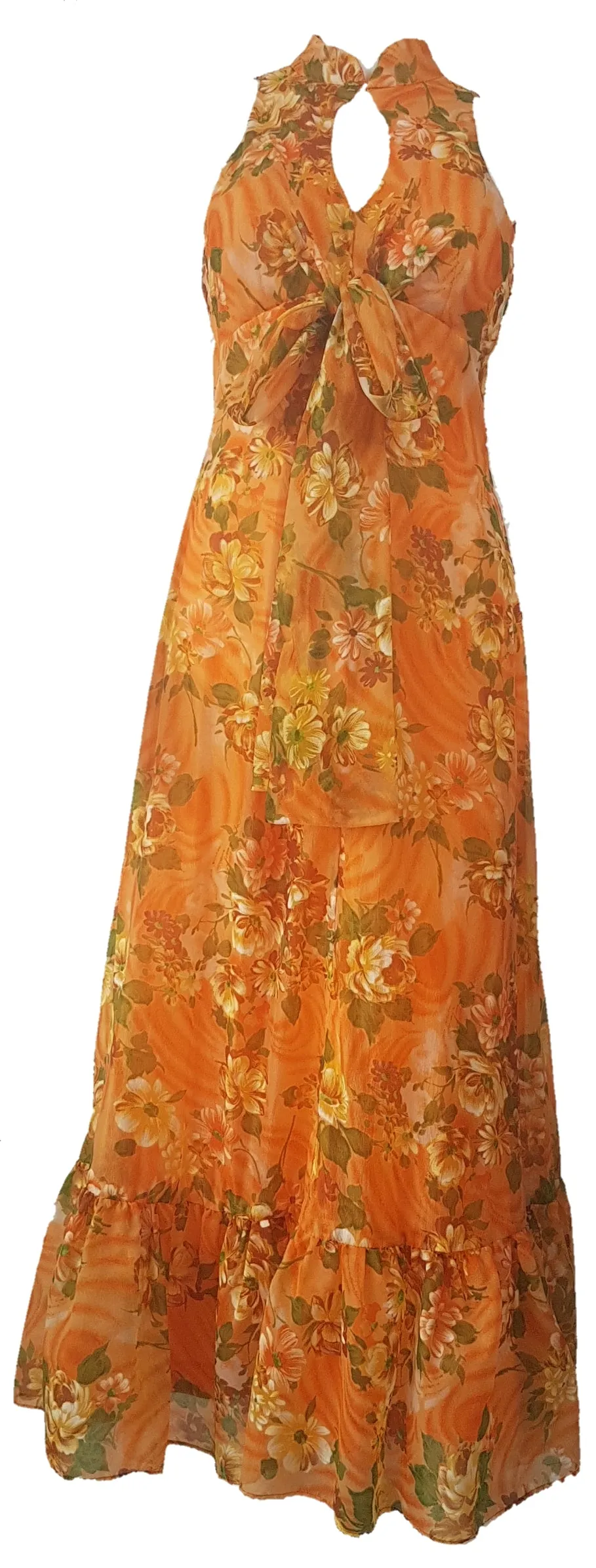 Vintage 1970's | Orange Floral Chiffon Maxi Dress