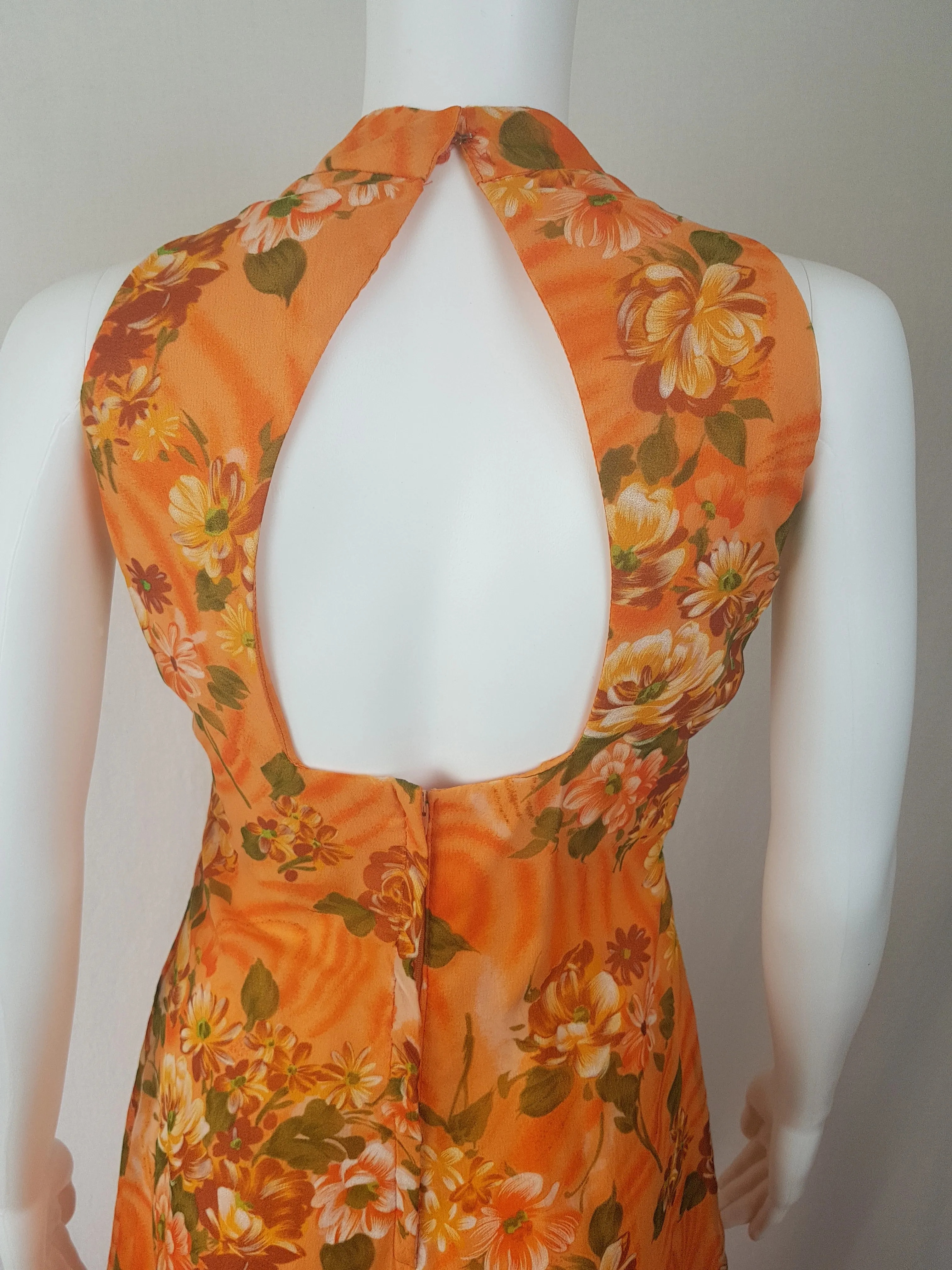 Vintage 1970's | Orange Floral Chiffon Maxi Dress