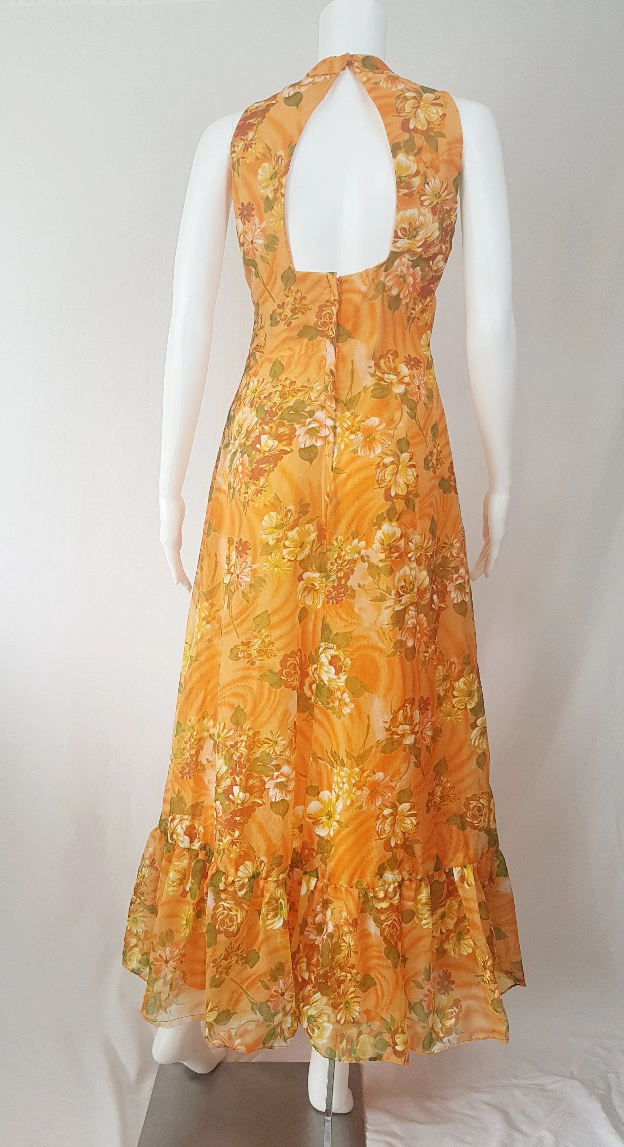 Vintage 1970's | Orange Floral Chiffon Maxi Dress
