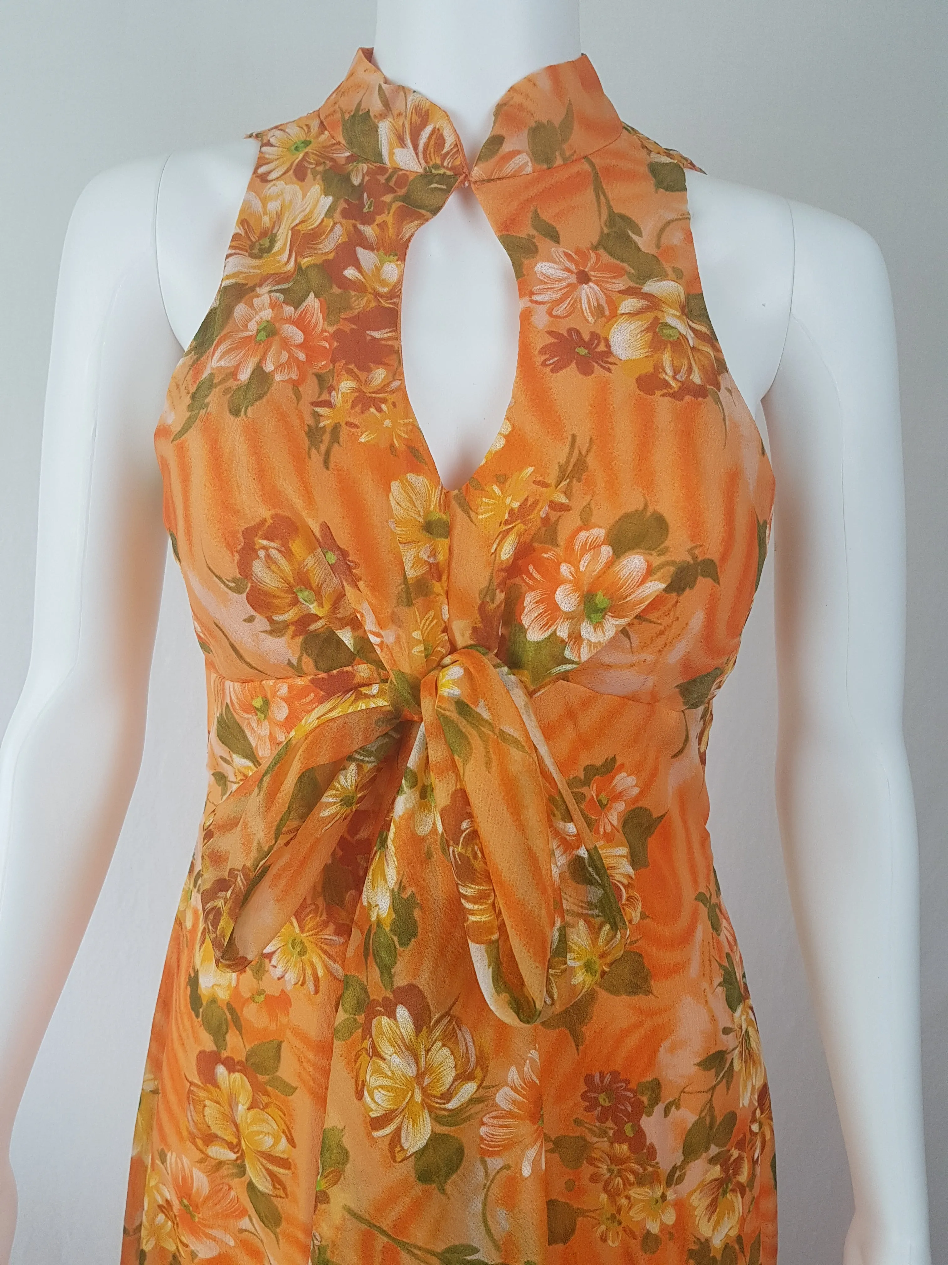 Vintage 1970's | Orange Floral Chiffon Maxi Dress
