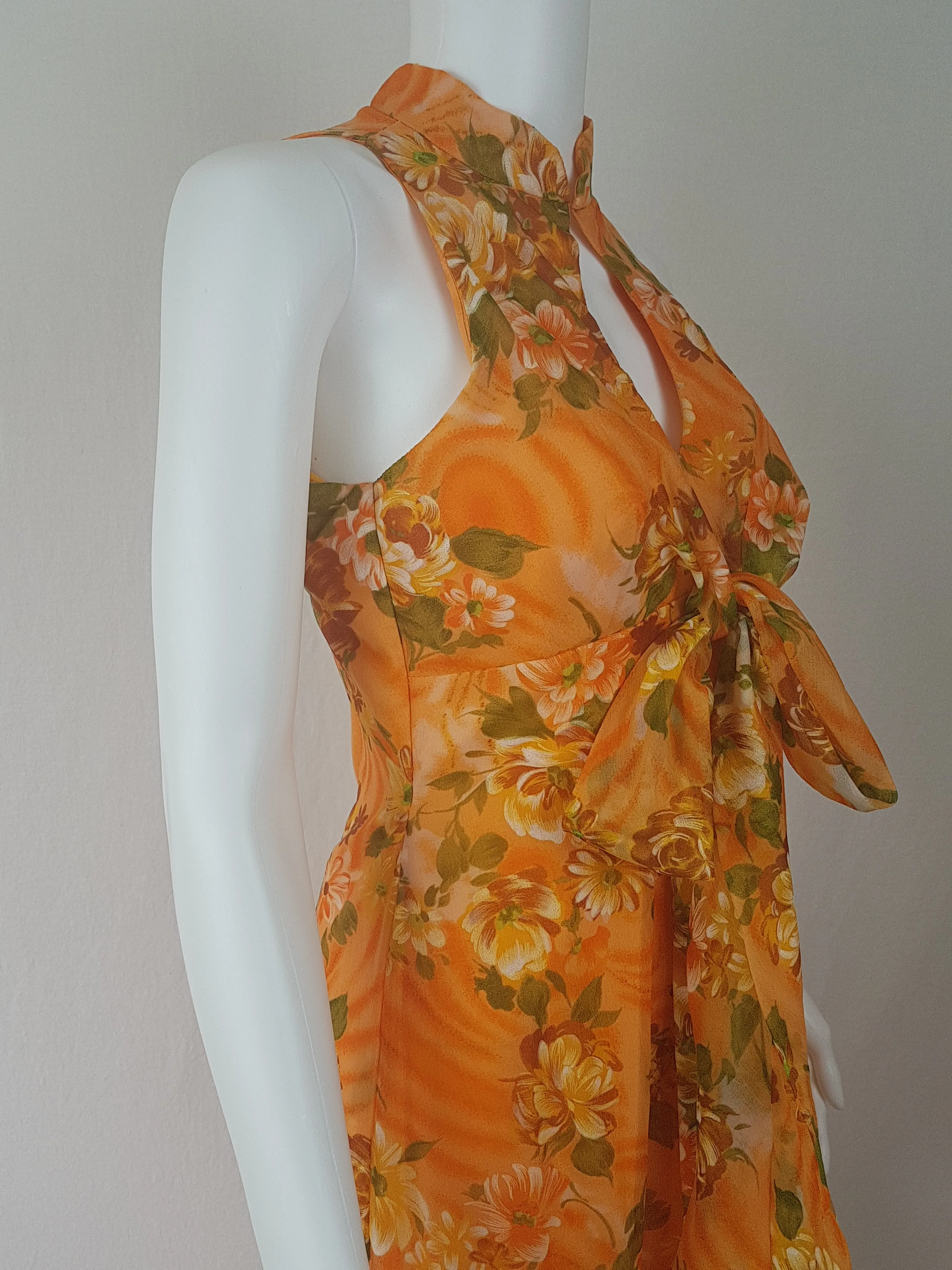 Vintage 1970's | Orange Floral Chiffon Maxi Dress