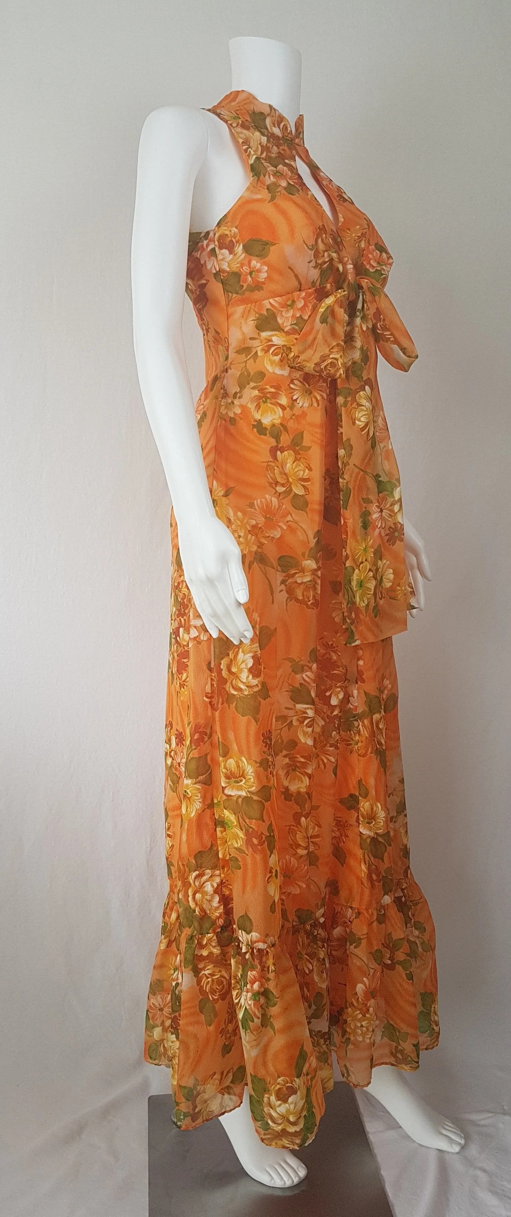 Vintage 1970's | Orange Floral Chiffon Maxi Dress