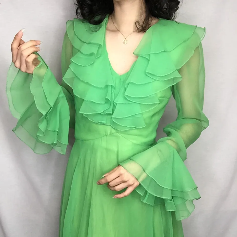 Vintage 70s | COCO California Bright Green Groovy MOD Ruffle Maxi Dress | XS