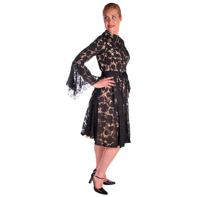 Vintage Black Burnout Nylon Chiffon Coctail Dress Drippy Sleeves 1960s
