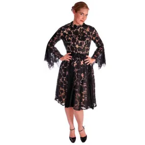 Vintage Black Burnout Nylon Chiffon Coctail Dress Drippy Sleeves 1960s