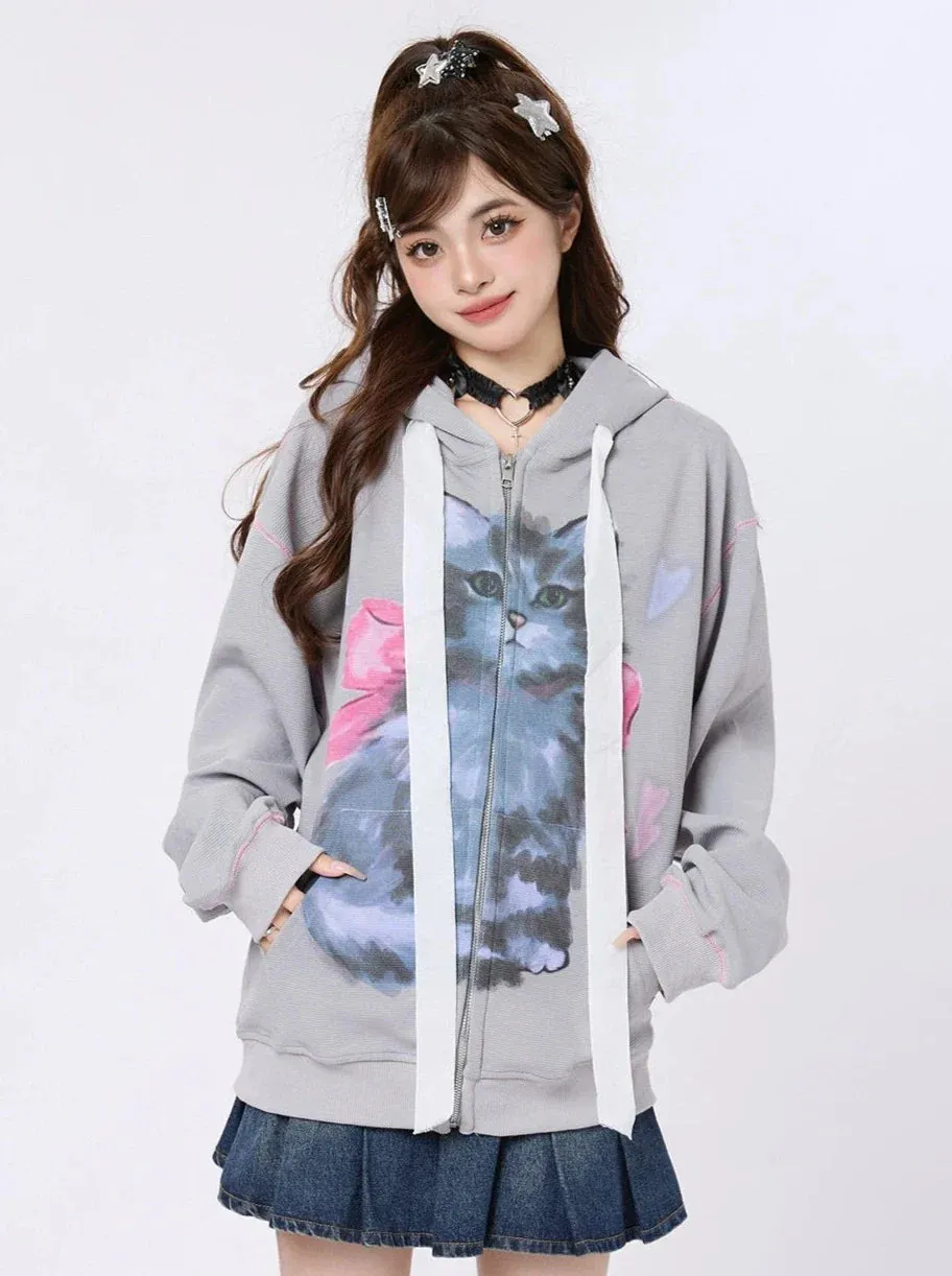 Zip-Up Hood Retro Ribbon Hoodie Ear Cat