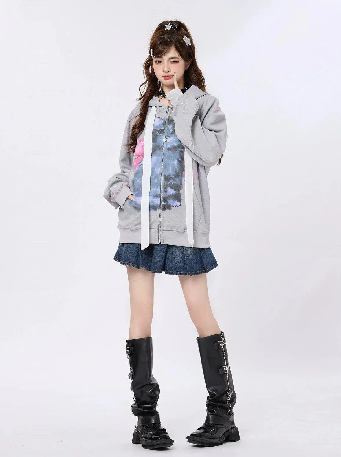 Zip-Up Hood Retro Ribbon Hoodie Ear Cat