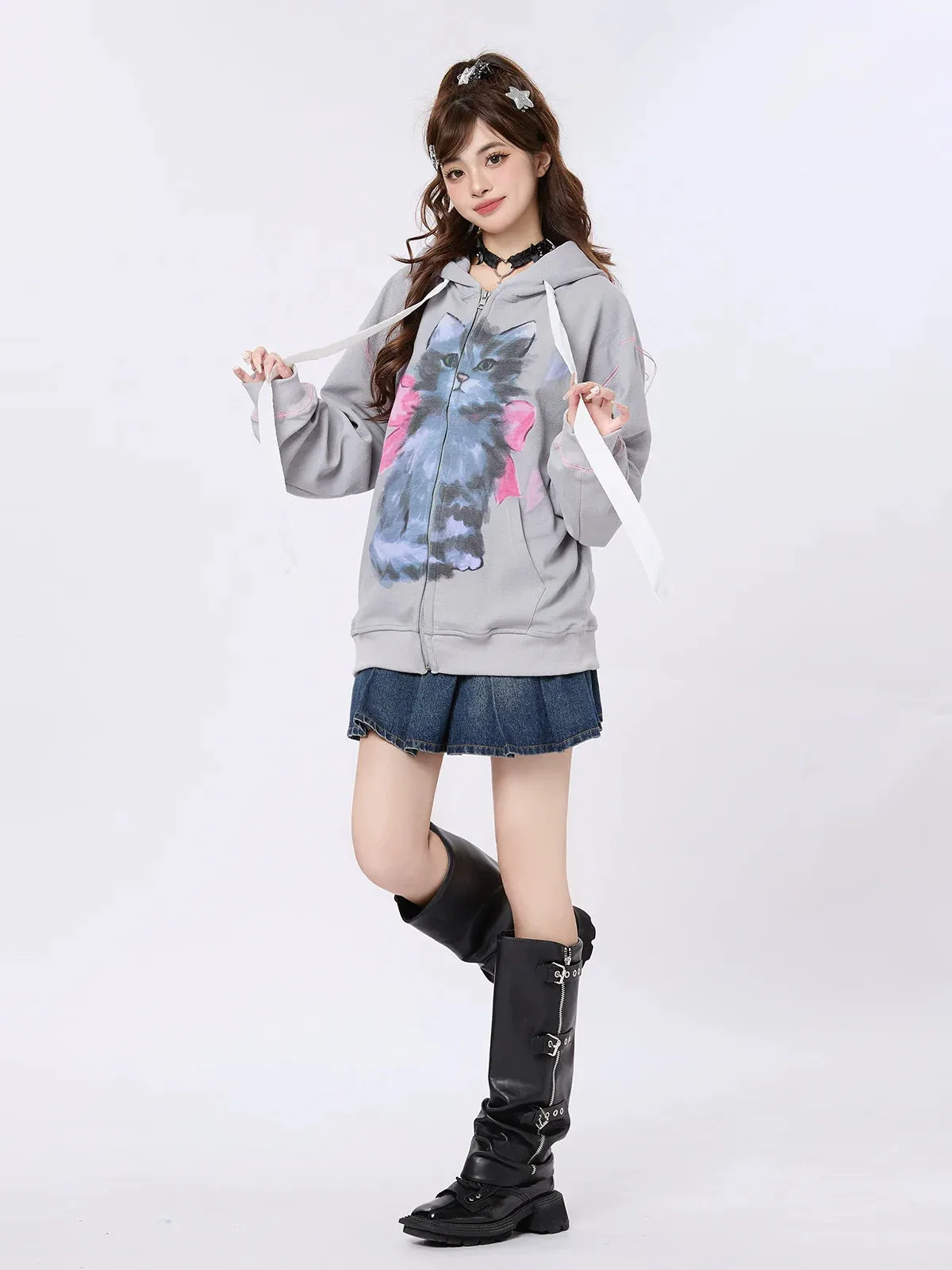 Zip-Up Hood Retro Ribbon Hoodie Ear Cat